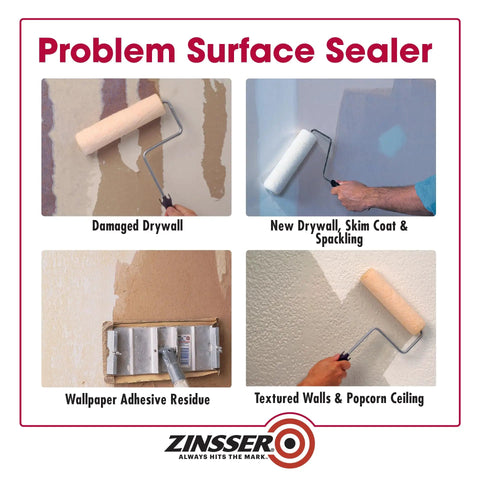 Problem Surface Sealer Kit, Gallon Size, Clear, 4 Pack For Drywall Repair And Skim Coat Sealing, roller applying sealer