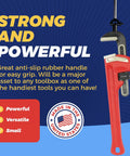 Red pipe wrench with anti-slip rubber handle, labeled 'Strong and Powerful' and 'Made in the USA' emblem on a blue background.