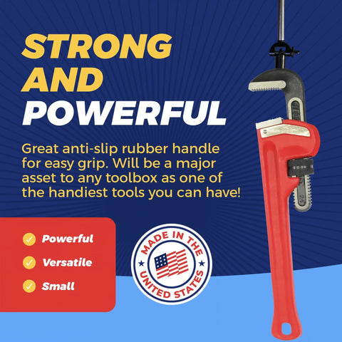 Red pipe wrench with anti-slip rubber handle, labeled 'Strong and Powerful' and 'Made in the USA' emblem on a blue background.