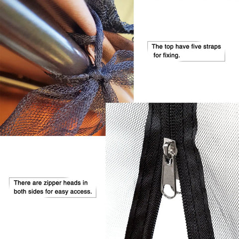 Close-up of Three Person Patio Swing Mosquito Netting With Zipper Opening Waterproof Roof, showing straps and zipper detail.
