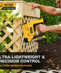 Badass Two In One Cordless Brad Nailer And Quarter Crown Stapler used on lattice wood panel outdoors, weighs 2.9 lbs.