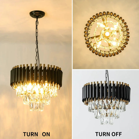 Modern Crystal Chandelier 3 Tier Round Black And Gold Pendant Light With 12 LED Bulbs, turned on and off, ceiling view shown