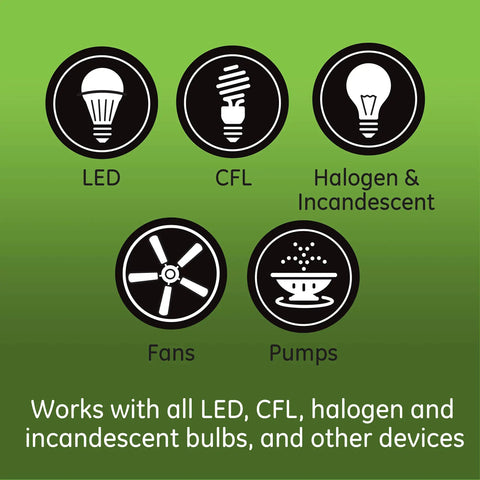 Icons of LEDs, CFLs, halogen bulbs, fans, and pumps compatible with Z Wave Smart Rocker Light Switch Set With QuickFit And SimpleWire 3 Way