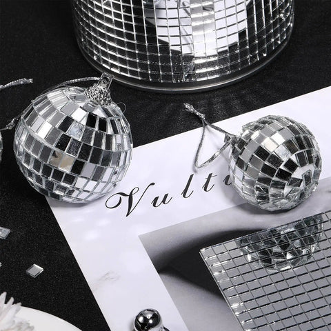 Self Adhesive Disco Mirror Mosaic Tiles For DIY Craft Projects Silver 5x5mm 10800 Pieces Across 18 Sheets shown on ornaments