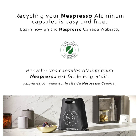 Kitchen scene with Nespresso capsule recycling bag and reused materials, promoting sustainability