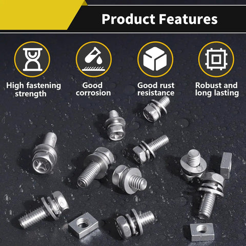 Eight Size Stainless Steel Battery Bolts And Nuts Kit features corrosion-resistant 304 stainless with M5 M6 terminal screws and square nuts.