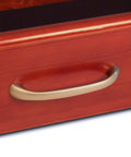Close-up of a smooth glide drawer handle on the Heavy Duty Hardwood Closet Organizer Rack With Four Smooth Glide Drawers And Sturdy Metal Garment Poles Built To Last Red Mahogany Finish For Your Dream Wardrobe Setup.