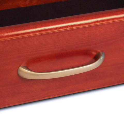 Close-up of a smooth glide drawer handle on the Heavy Duty Hardwood Closet Organizer Rack With Four Smooth Glide Drawers And Sturdy Metal Garment Poles Built To Last Red Mahogany Finish For Your Dream Wardrobe Setup.