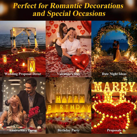 Collage showcasing uses of Flameless LED Tealight Candles Set With Rose Petals for Romantic Date Night Table Decor in various settings.