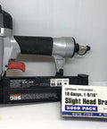 Heavy Duty Pneumatic Brad Nailer 18 Gauge 2 Inch Strip Capacity Smooth Operator for Trim Carpentry, alongside a pack of slight head brads.
