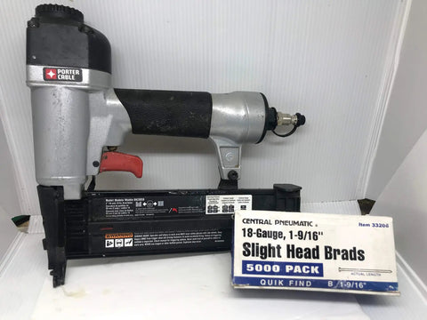 Heavy Duty Pneumatic Brad Nailer 18 Gauge 2 Inch Strip Capacity Smooth Operator for Trim Carpentry, alongside a pack of slight head brads.