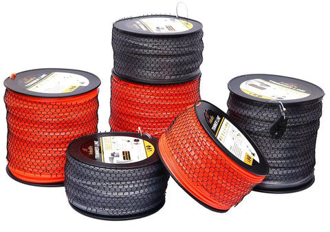 Image of multiple spools including Heavy Duty Square Trimmer Line Spool.095 Inch By 1280 Ft With Built In Cutter Orange 5 Pound Pack.