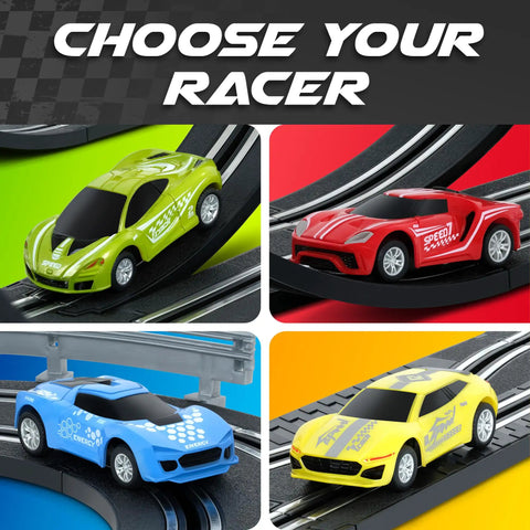 Colorful slot cars for Fast Action Slot Car Track Set With Double Loop 1 To 64 Scale Cars Remote Control Electric Race Track For Kids Ages Four To Eight Includes Two Controllers And Four Cars.