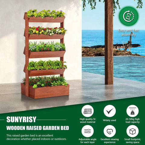 Five Tier Vertical Wooden Raised Garden Bed Freestanding Planter Box Stand For Planting Herbs Flowers Vegetables Outdoor Gardening
