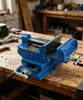 Rock Solid 6 Inch Heavy Duty Cast Iron Bench Vise With Cross Slide smooth X Y travel on workbench for precision drilling milling projects.