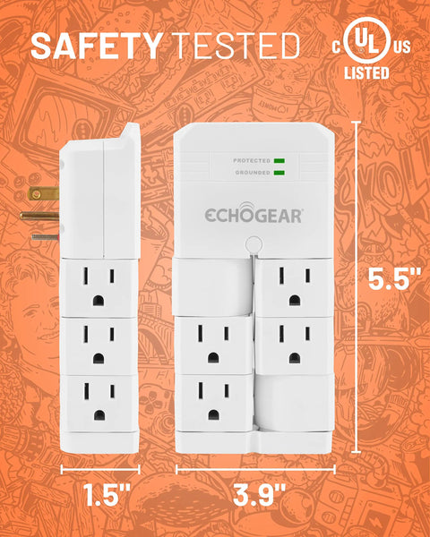 On Wall Surge Protector With Six Pivoting AC Outlets And 1080 Joules Of Surge Protection Space Saving Low Profile Mount front view
