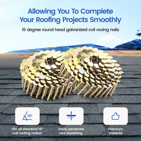 Pro Grade Galvanized Roofing Nails One Quarter Inch Shank Fifteen Degree Coil Fasteners With Solid Round Heads Built Tough for roofing projects.