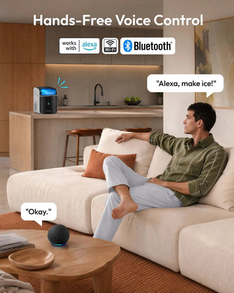 Fresh Freeze Countertop Nugget Ice Maker Yields 42 Lbs Soft Sonic Pebble Ice In Minutes With Smart App Alexa Hookup in a modern kitchen.