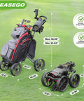 Link Ready Four Wheel Golf Push Cart All Terrain Walking Caddy With Beast Mode Slope Stability displayed with dimensions on green grass.