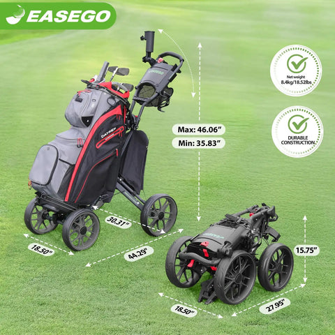 Link Ready Four Wheel Golf Push Cart All Terrain Walking Caddy With Beast Mode Slope Stability displayed with dimensions on green grass.