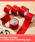 Built Tough Red Construction Seaming Tape Three Inches Wide By Fifty Five Yards Heavy Duty Sheathing Sealant For Foam Board Insulation House Wrap Vapor Barrier Underlayment Six Roll Pack displayed with scissors.