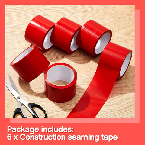 Built Tough Red Construction Seaming Tape Three Inches Wide By Fifty Five Yards Heavy Duty Sheathing Sealant For Foam Board Insulation House Wrap Vapor Barrier Underlayment Six Roll Pack displayed with scissors.