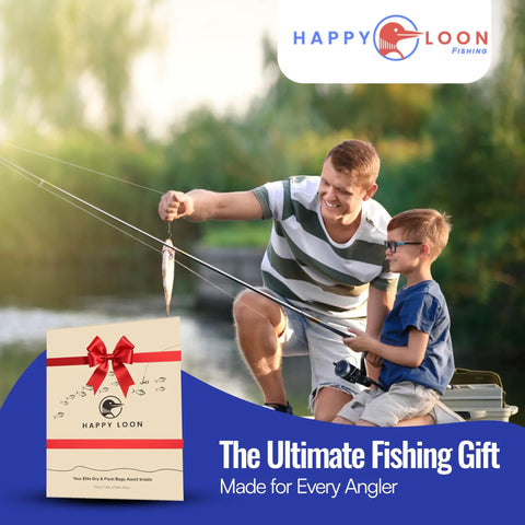 Father and son fishing by a lake with Happy Loon gift box, promoting Ready To Go Waterproof Fishing Tackle Bag Set Two Sizes.