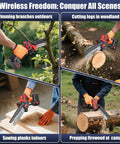 18V Mini Chainsaw With Auto-Oiler, 8-Inch Brushless Cordless Pruning Saw, 4000 RPM For Cutting Wood And Trimming Trees, Cuts Up To 200 Millimeters, Battery Not Included, Red used in various settings.