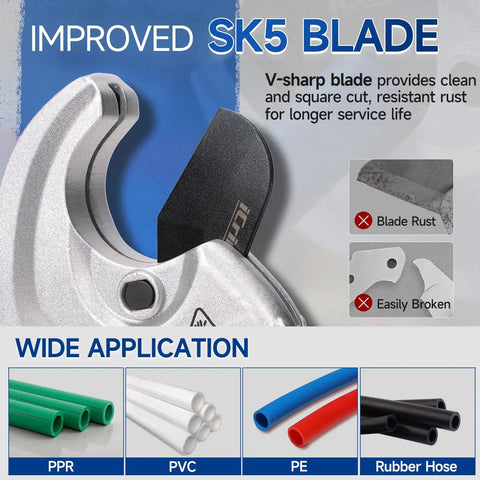 Improved SK5 blade of heavy duty one hand ratchet pipe cutter for PEX PVC and plastic hose up to 2-1/2 inch with quick release