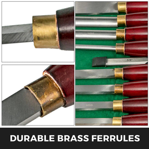 Close-up of Eight Piece Wood Lathe Chisel Kit with HSS Blades, brass ferrules, red handles, and parting blades.