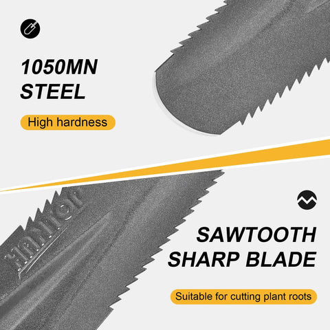 Close-up of 1050MN steel and sawtooth sharp blade of Deep Digging Spade For Garden And Yard Work Narrow Shovel With Serrated Edge