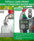 Front view of a programmable sprinkler timer for garden hose with solar and battery power, featuring alloy valves and digital display.