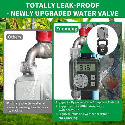 Front view of a programmable sprinkler timer for garden hose with solar and battery power, featuring alloy valves and digital display.