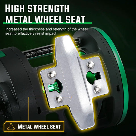 Metal wheel seat of Round Baitcasting Fishing Reel With CNC Machined Aluminum Body 25Lb Max Drag Waterproof Trolling Reel Level Wind.