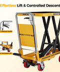 Heavy Duty Hydraulic Lift Table Cart With Single Scissor Mechanism And 1100 Lb Capacity, Yellow Finish, showing handle and foot pump features.