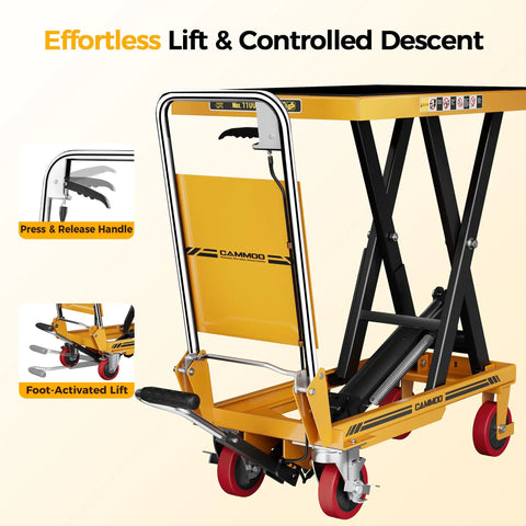 Heavy Duty Hydraulic Lift Table Cart With Single Scissor Mechanism And 1100 Lb Capacity, Yellow Finish, showing handle and foot pump features.
