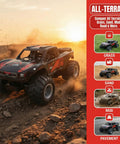 Dope Amphibious RC Monster Truck For Kids in action on rocky terrain at sunset, displaying its 4WD durability on all surfaces.