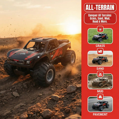 Dope Amphibious RC Monster Truck For Kids in action on rocky terrain at sunset, displaying its 4WD durability on all surfaces.