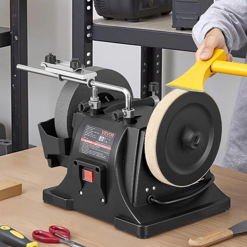 Shop Grade 8 Inch Wet Stone Grinder, Water Cooled Knife Sharpening Machine With Flex Pivot Head on a workbench.