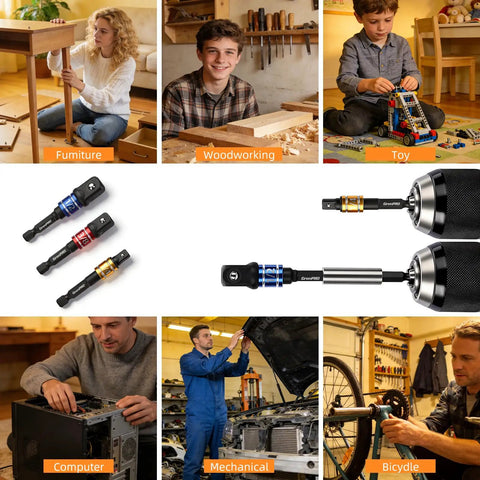 Flexible Drill Bit Extension Set 4 Piece With 1/4 Inch 3/8 Inch 1/2 Inch Hex Shank Adapters And 105 Degree Right Angle Attachment For Impact Drivers At Home Shop And Industrial Jobs, shown in various uses including furniture assembly and bike repair.