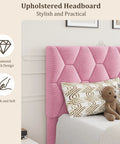 Chic Pink Twin Bed Frame With Plush Upholstered Headboard And Heavy Duty Platform Base Featuring Tough Wooden Slats For Zero Creak Nights Set Up In A Flash No Box Spring Needed For A Cozy Room Glow Up, close-up of padded headboard.