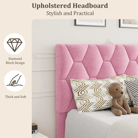 Chic Pink Twin Bed Frame With Plush Upholstered Headboard And Heavy Duty Platform Base Featuring Tough Wooden Slats For Zero Creak Nights Set Up In A Flash No Box Spring Needed For A Cozy Room Glow Up, close-up of padded headboard.