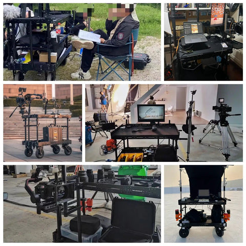 Heavy Duty Video Production Camera Cart Workstation For Filmmakers And Directors, versatile setup with cameras and equipment.