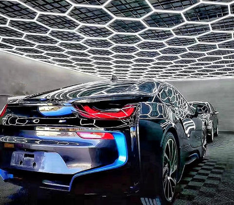 Plug In LED Hexagonal Honeycomb Garage Light Kit With 165 Tubes For DIY Setup Ultra Bright 6500K Daylight White Car Detailing Workshop