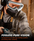 Person wearing Two Pack Anti Fog Safety Goggles Over Glasses ANSI Z87.1 Certified For Lab Work And Industrial Use Premium Anti Scratch Coating Ventilated Panoramic Safety Goggles Adjustable Strap Fits Over Glasses All Day Comfort Workhorse using a power tool.