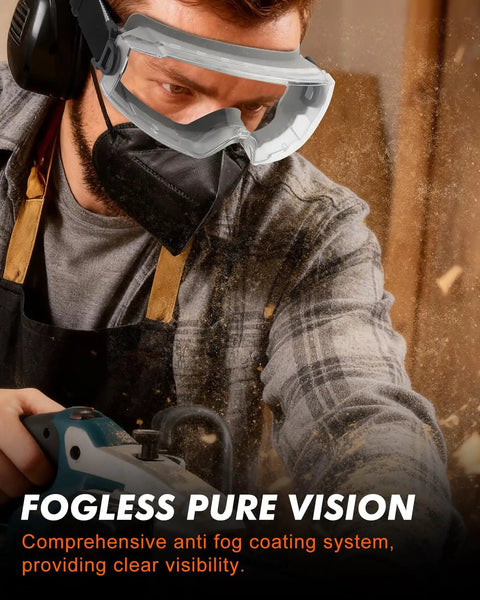 Person wearing Two Pack Anti Fog Safety Goggles Over Glasses ANSI Z87.1 Certified For Lab Work And Industrial Use Premium Anti Scratch Coating Ventilated Panoramic Safety Goggles Adjustable Strap Fits Over Glasses All Day Comfort Workhorse using a power tool.