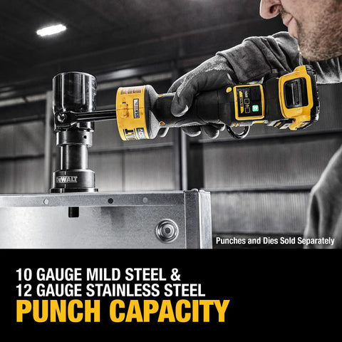 Close-up of 20V Knockout Tool Kit For Construction And Electrical Projects With Pro Grade Punch Accessories in use on metal panel