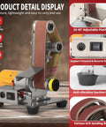 Mini Electric Belt Sander Knife Sharpener Bench Grinder With Polishing Wheel Sanding Belts And Pads showcasing adjustable platform and control panel.