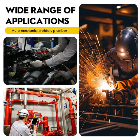 Collage showing auto mechanic using tools, a welder at work, and a plumber inspecting piping systems for a wide range of applications.