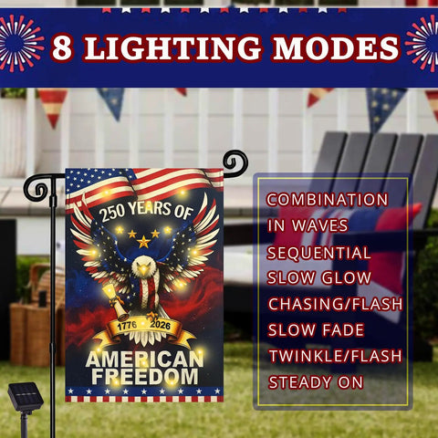 Lit 250th Anniversary USA Garden Flag with Solar LED Double Sided Patriotic Banner featuring eagle design for Independence Day decor.